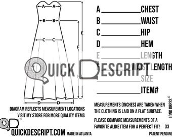 Long Dress  Clothing Reseller Tool Diagrammed Sheets Size Guide Clothing Tech Pack Poshmark eBay Etsy Helper