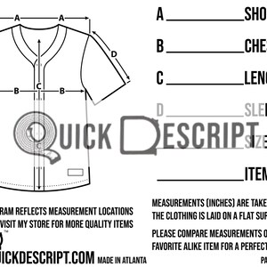 May include: Diagram showing how to measure a baseball jersey.  Measurements are taken in inches.  The diagram shows the shoulder, chest, length, and sleeve measurements.