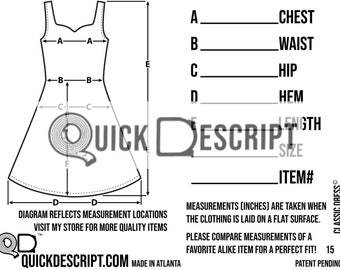 Classic Dress Clothing Reseller Tool Diagramed Sheets Size Guide Measurement Tech Pack Poshmark eBay Etsy Helper