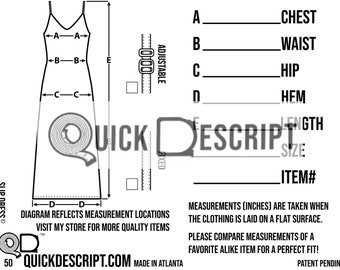 Slip Dress  Clothing Reseller Tool Diagrammed Sheets Size Guide Clothing Tech Pack Poshmark eBay Etsy Helper