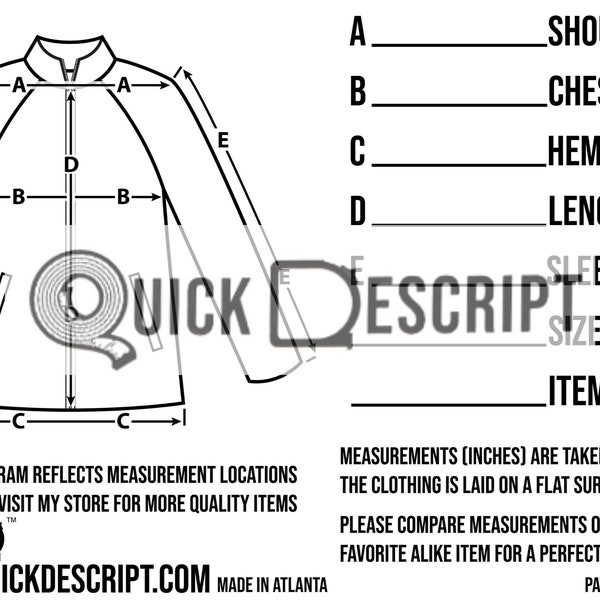 Windbreaker  Clothing Reseller Tool Diagrammed Sheets Size Guide Clothing Tech Pack Poshmark eBay Etsy Helper