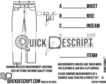 Jeans Size Guide Clothing Reseller Tool Diagramed Sheets Measurement Tech Pack Poshmark eBay Etsy Helper Size Chart