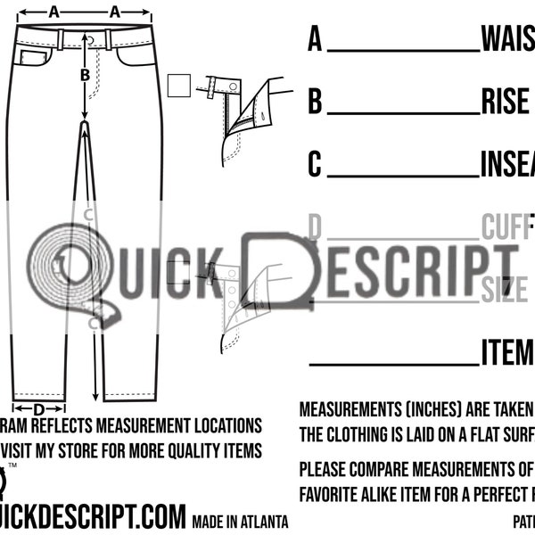 Jeans Size Guide Clothing Reseller Tool Diagramed Sheets Measurement Tech Pack Poshmark eBay Etsy Helper Size Chart