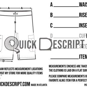 May include: Diagram showing how to measure the waist, rise, inseam, and cuff of shorts. The diagram shows a pair of shorts with a pocket on each side. The text "QUICK DESCRIPT" is visible in the image.