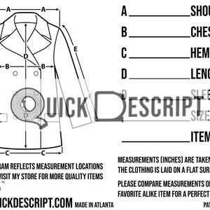 May include: Diagram showing how to measure a peacoat for a perfect fit. Measurements include shoulder, chest, hem, length, and sleeve size.