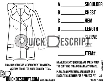 Peacoat  Clothing Reseller Tool Diagrammed Sheets Size Guide Clothing Tech Pack Poshmark eBay Etsy Helper
