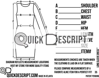 Long Sleeve Dress  Clothing Reseller Tool Diagrammed Sheets Size Guide Clothing Tech Pack Poshmark eBay Etsy Helper