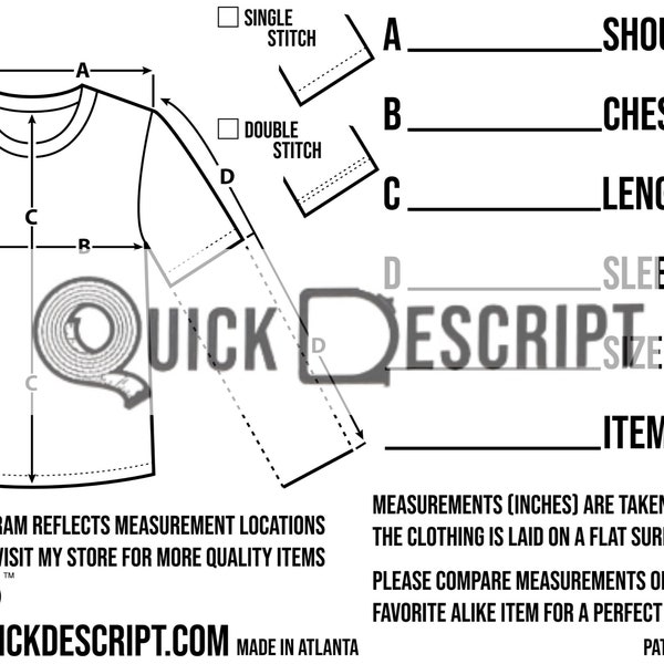 T-Shirt LS SS  Clothing Reseller Tool Diagramed Sheets Size Guide Clothing Measurement Tech Pack Poshmark eBay Etsy Helper