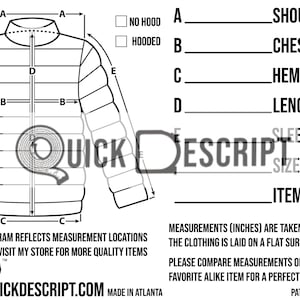 How to Measure a Puffer Jacket Diagrammed Clothing Measurement Data Sheet Fashion Template Digital Download Tech Drawing Poshmark Ebay Tool