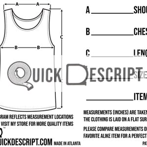 May include: Diagram showing how to measure a tank top. The diagram shows the shoulder, chest, and length measurements. The text reads "QUICK DESCRIPT" and "TANK TOP".