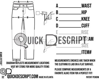 Jeans Fitted  Clothing Reseller Tool Diagrammed Sheets Size Guide Clothing Tech Pack Poshmark eBay Etsy Helper