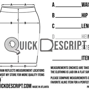 May include: Diagram showing how to measure a fitted skirt. The diagram shows the measurements for waist, hip, length, and hem. The text "QUICK DESCRIPT" is visible in the image.