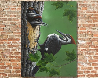 Pileated Woodpecker Canvas, Woodpecker Babies Wall Art, Woodpecker Wall Decor
