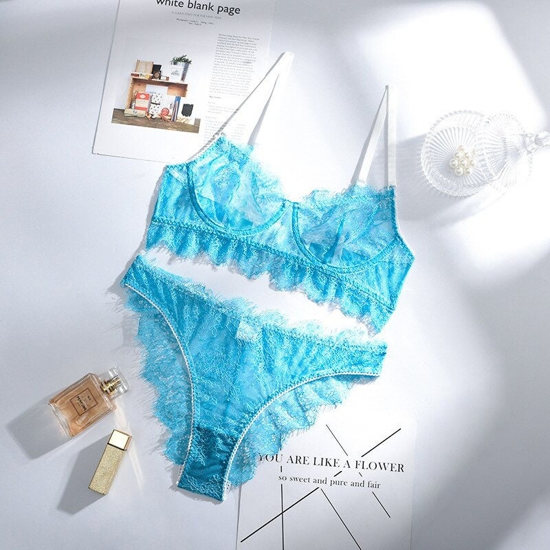 Blue Transparent Lace Underwire Bra Panty Set Aqua Lingerie - Etsy