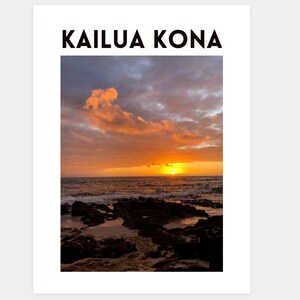 May include: A scenic sunset over the ocean with a cloudy sky and rocky shoreline. The text "Kailua Kona" is at the top of the image.