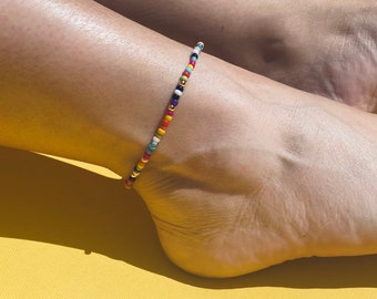 Stretchy Anklet with 925 Sterling Silver or 24K Gold Plated Beads + Multicolour Colourful Rainbow Glass Beads