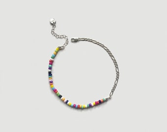 925 Sterling Silver Figaro Chain + Multicolour Colourful Rainbow Glass Beads Anklet