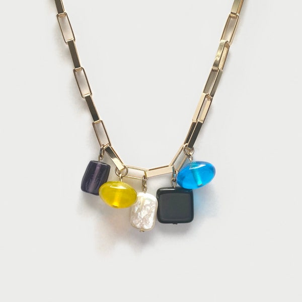 Chunky 24K Gold Plated Rectangular Link Chain Necklace with Colourful Large Bold Charms