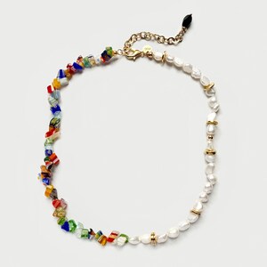 Chunky Bold Colourful Rainbow Multicolour Millefiori Flowers Glass Chips + Freshwater Baroque Pearl Necklace with 24K Gold Plated Details