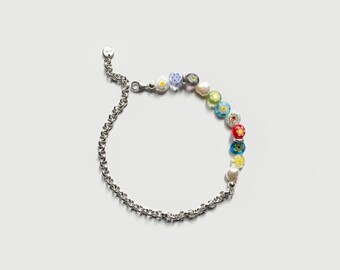 925 Sterling Silver Bold Thick Chain Anklet with Chunky Colourful Multi Colour Millefiori Flower Disc Beads and Natural Baroque Pearls