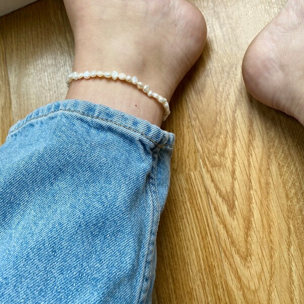 Bold Chunky Anklet with Natural Cultured Freshwater Baroque Pearl Beads and 925 Sterling Silver Hook Clasp