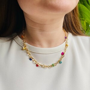 24K Gold Plated Thick Chain Necklace with Colourful Multicolour Rainbow Natural Irregular Crystal Gemstone Chips Pendants