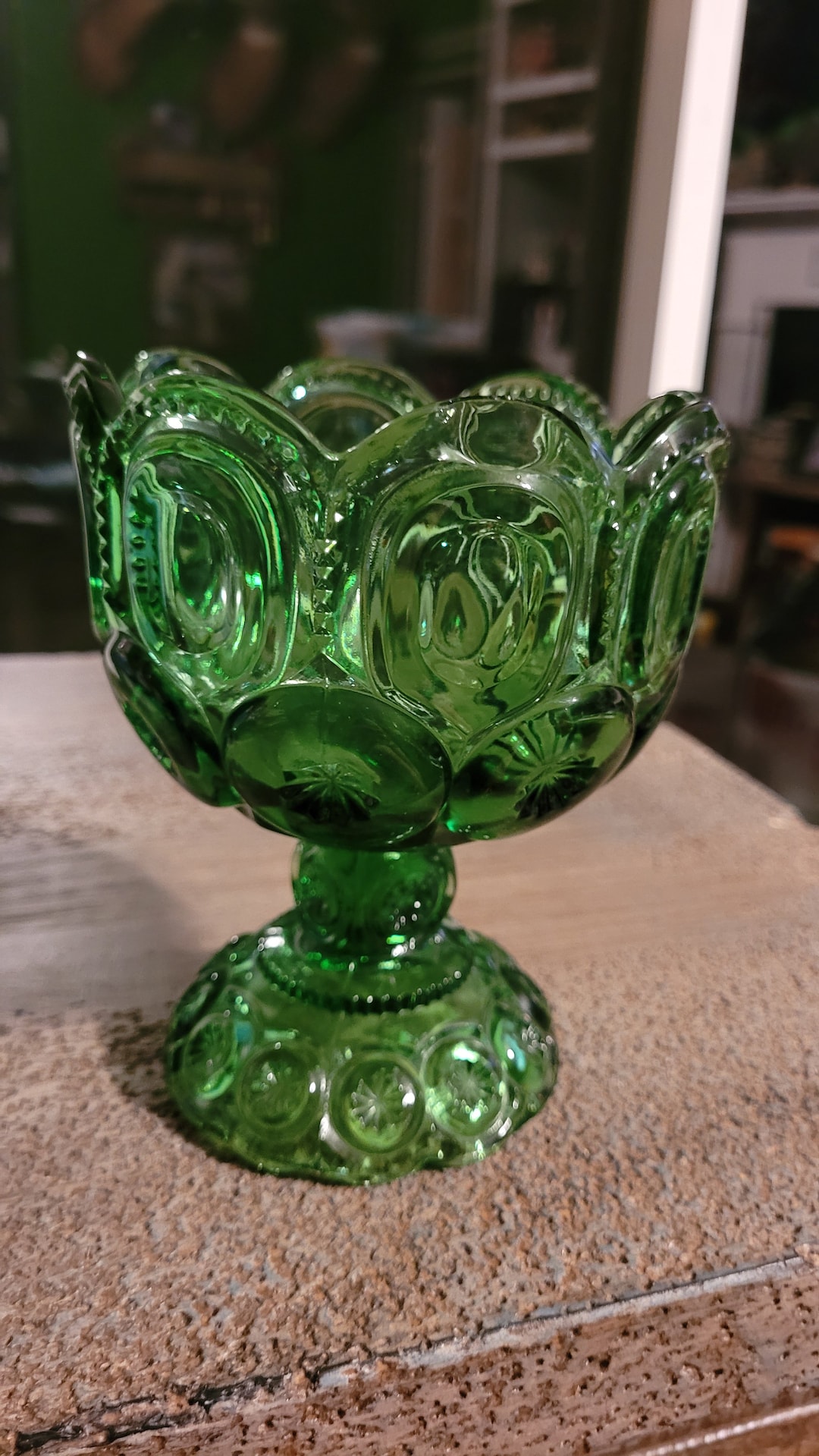 Antique Moon and Stars Compote/ Candy Dish Avocado Green Glass Etsy