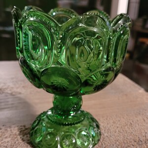 Antique moon and stars compote/ candy dish avocado green glass