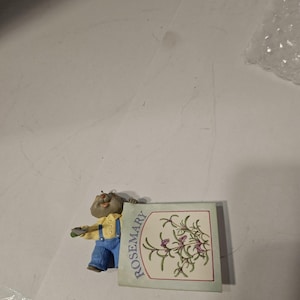 Può includere: Una statuina di orso con camicia gialla e salopette blu, che tiene in mano un cartello con "ROSEMARY" e un'illustrazione botanica. Il cartello è azzurro con un disegno floreale verde e viola.