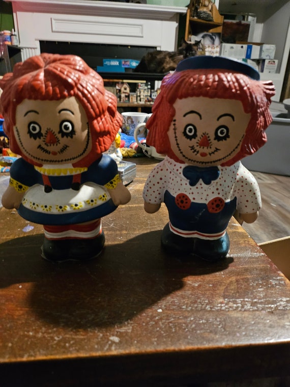 Antique 1970s Raggedy Ann and Andy Set of Handpainted Statues
