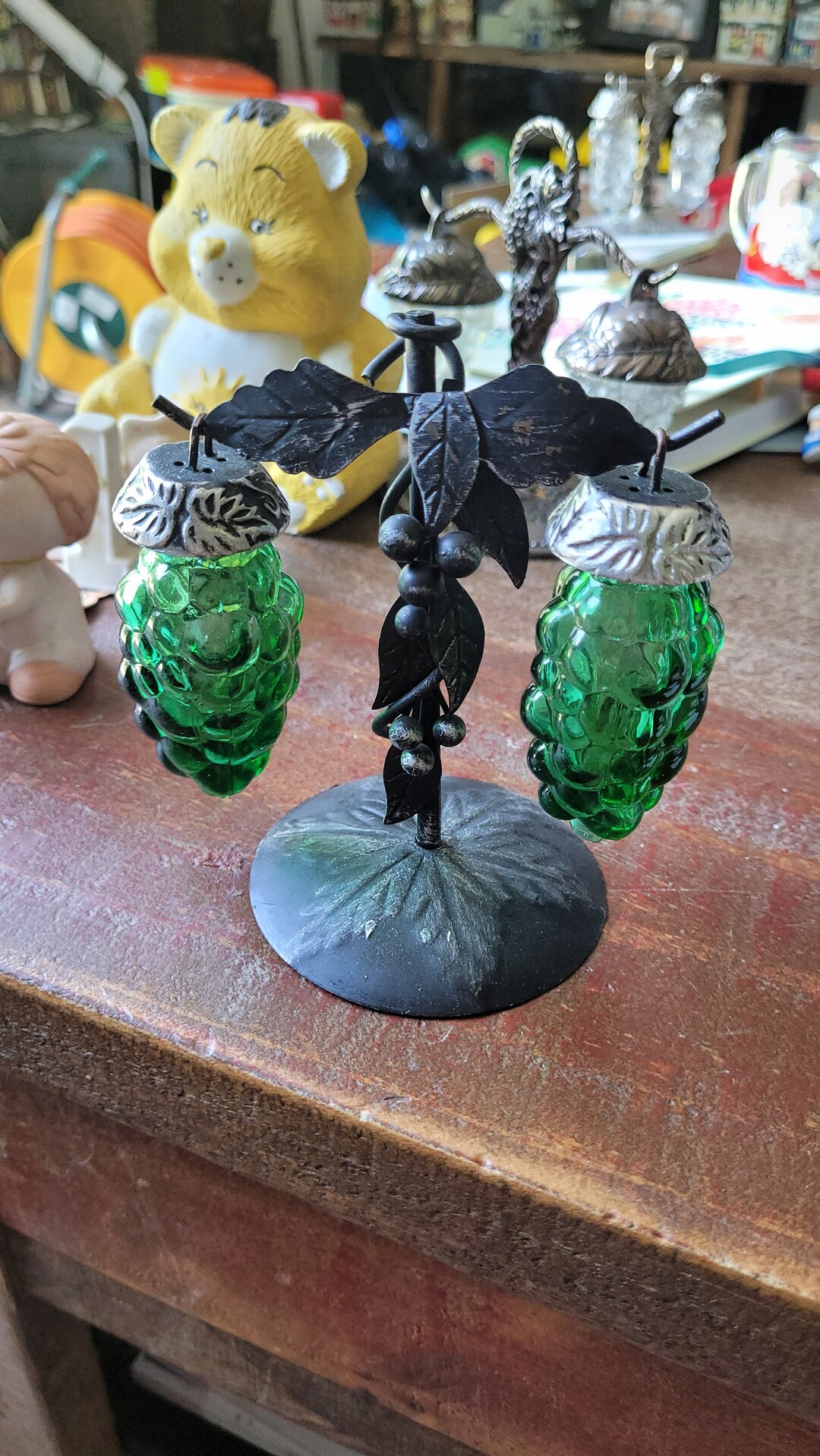 1960s Antique Green Color Glass Salt Pepper and Stand Etsy