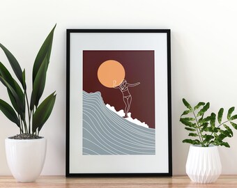Surf wall art, poster surf, disegno linea surf, arredamento surf, disegno linea moderna, arte linea ragazza, sopra l'arredamento della parete del letto