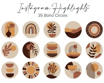 May include: Set of 35 Instagram highlight covers featuring boho-style circles with various designs in brown, beige, and orange. The designs include plants, rainbows, geometric shapes, and sunbursts.