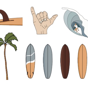 Op de afbeelding: Vectorillustraties met surfthema's. De afbeelding bevat een surfplankvin, een handgebaar, een surfer in een golf, een palmboom en verschillende surfplanken in grijstinten, bruin en beige.