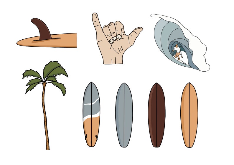 Op de afbeelding: Vectorillustraties met surfthema's. De afbeelding bevat een surfplankvin, een handgebaar, een surfer in een golf, een palmboom en verschillende surfplanken in grijstinten, bruin en beige.