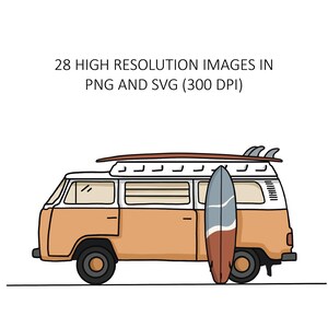 Op de afbeelding: Illustratie van een vintage oranje en witte bus met een surfboard erop en een ander die ertegenaan leunt. De afbeelding bevat de tekst "28 HIGH RESOLUTION IMAGES IN PNG AND SVG (300 DPI)".