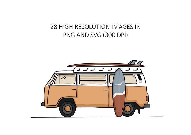 Op de afbeelding: Illustratie van een vintage oranje en witte bus met een surfboard erop en een ander die ertegenaan leunt. De afbeelding bevat de tekst "28 HIGH RESOLUTION IMAGES IN PNG AND SVG (300 DPI)".