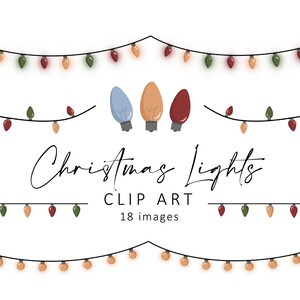 Puede incluir: Un conjunto de 18 imágenes de clip art que presentan cadenas de luces navideñas en varios colores, incluidos rojo, verde, naranja y azul. Las luces están enhebradas en cables negros y son perfectas para agregar un toque festivo a tus diseños digitales.