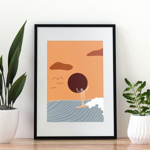 Dessin au trait de surf, dessin au trait moderne, décor de surf, affiche de surf, dessin au trait de fille, décor mural de la chambre principale, décor mural du lit