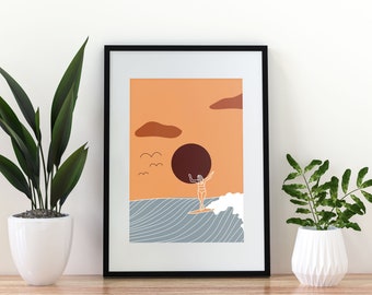 Disegno della linea di surf, disegno di linea moderno, arredamento da surf, poster di surf, arte della linea della ragazza, arredamento della parete della camera da letto principale, oltre l'arredamento della parete del letto