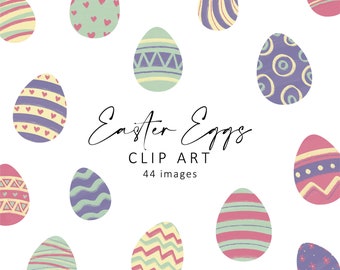 Può includere: Una collezione di uova di Pasqua colorate con vari motivi, tra cui strisce, cuori e disegni geometrici. Il testo "Easter Eggs Clip Art 44 images" è visualizzato sotto le uova.