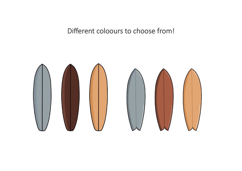 Op de afbeelding: Zes surfplanken in verschillende kleuren, waaronder grijs, bruin en beige, worden getoond tegen een witte achtergrond. De tekst "Different colours to choose from!" staat boven de surfplanken. Elke surfplank heeft een zwarte omtrek.