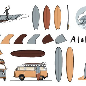 Op de afbeelding: Illustratie met surfthema, inclusief surfplanken in verschillende kleuren, een surfer op een golf, vinnen, een busje en het woord "Aloha!". De surfplanken zijn in bruin, grijs en beige.