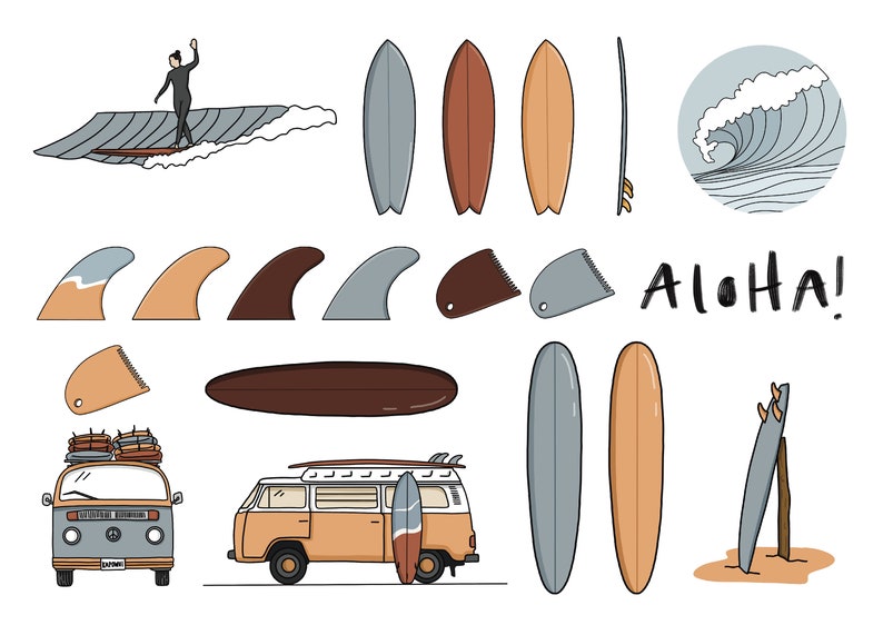 Op de afbeelding: Illustratie met surfthema, inclusief surfplanken in verschillende kleuren, een surfer op een golf, vinnen, een busje en het woord "Aloha!". De surfplanken zijn in bruin, grijs en beige.