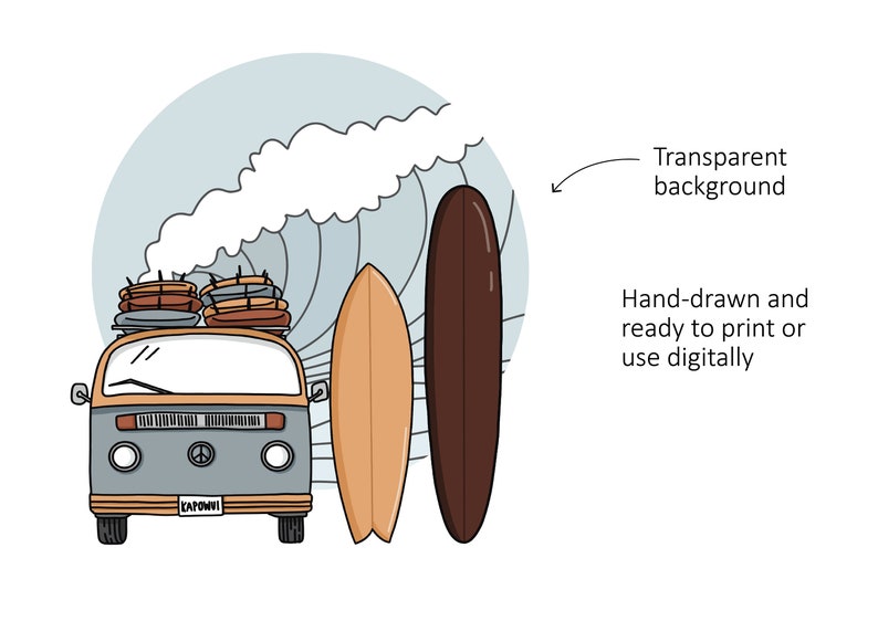 Op de afbeelding: Illustratie van een vintage busje met surfplanken op het dak, naast twee surfplanken. Het busje is grijs en oranje, met een kentekenplaat "KAPOWNI". Een golf en een lichtblauwe achtergrond maken de sc&egrave;ne compleet.