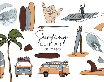 May include: A collection of surfing-themed clip art illustrations. The images include surfboards, waves, a palm tree, a surfer, a hand gesture, and two vintage vans. The text "Surfing Clip Art" is also included.
