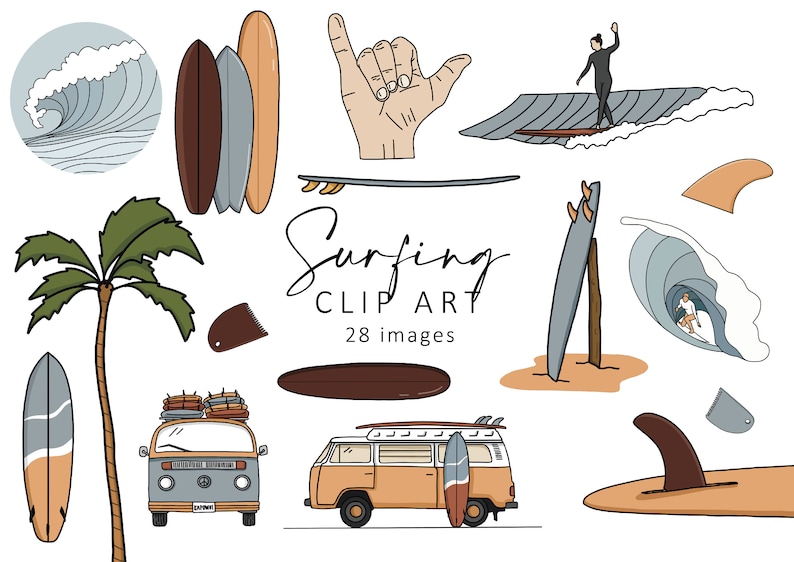 Op de afbeelding: Een verzameling illustraties van clip-art met surfthema. De afbeeldingen bevatten surfplanken, golven, een palmboom, een surfer, een handgebaar en twee vintage busjes. De tekst "Surfing Clip Art" is ook opgenomen.