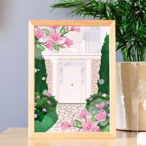 Illustration „Haus des Frühlings“, Postkarte, Frühlingskarte, dekoratives Poster, Frühlingsillustration