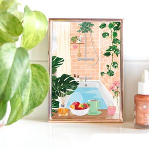 Illustration "Spring Cocooning", Postkarte, Frühlingskarte, Dekoratives Poster, Badezimmerillustration