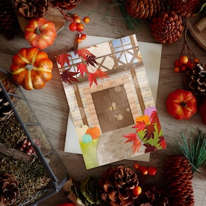 Autumn Gate Illustration - Print A5 A6 - Stone Gate Maple Leaves - Cottagecore